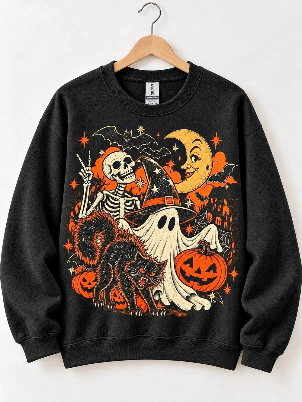 Halloween Ghost Cat Skeleton Sweatshirt Spooky Witchy Pumpkin Crewneck